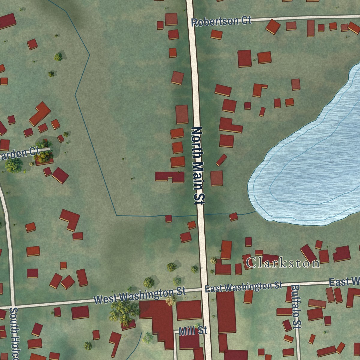 Second close-up of the map of the Village of Clarkston, Michigan print showing more streets and buildings