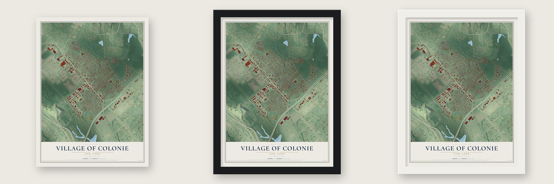 Village of Colonie, New York map unframed, in a black wood frame and in a white wood frame