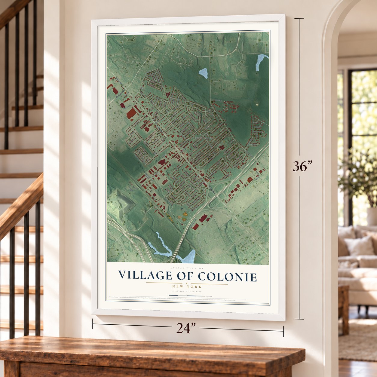 Village of Colonie, New York map, 24 x 36 inch print in a white frame by a staircase