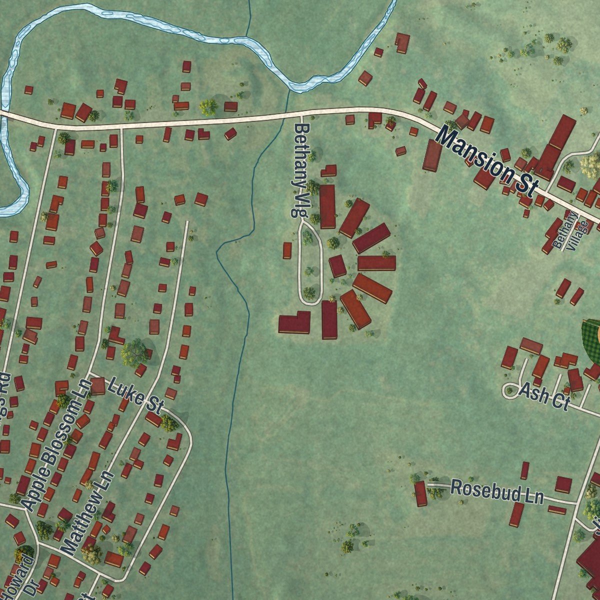 Second close-up of the map of the Village of Coxsackie, New York print showing more streets and buildings