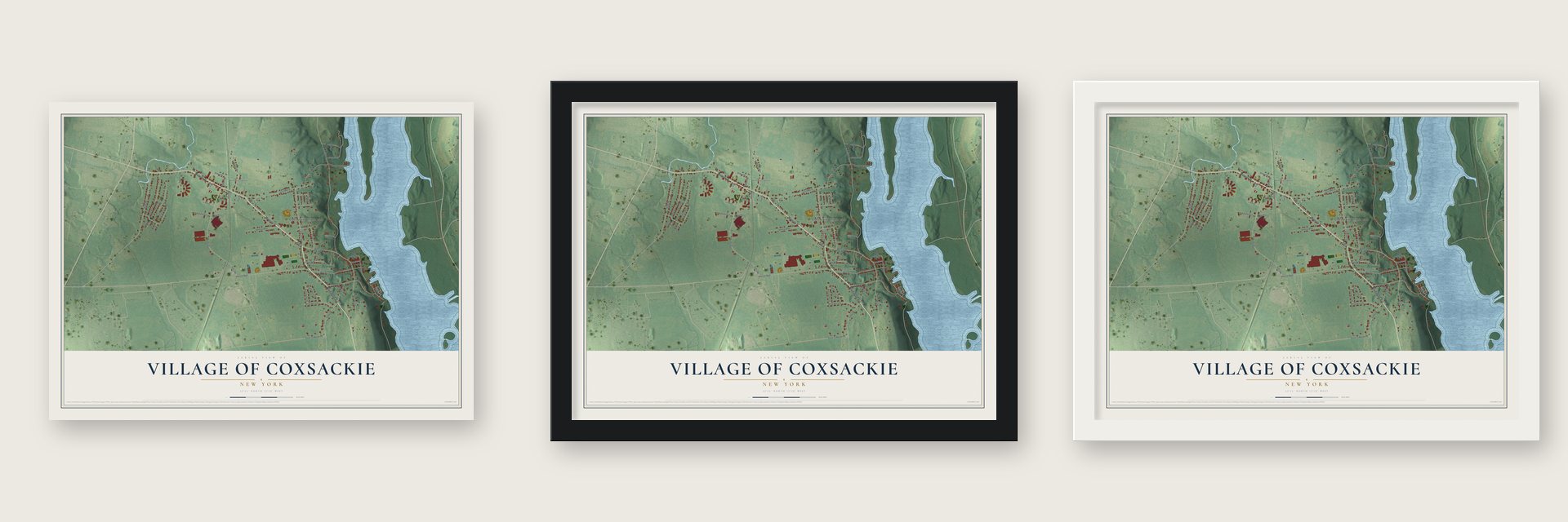 Village of Coxsackie, New York map unframed, in a black wood frame and in a white wood frame