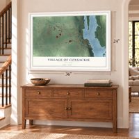 Village of Coxsackie, New York map, 24 x 36 inch print in a white frame above a dresser by a staircase