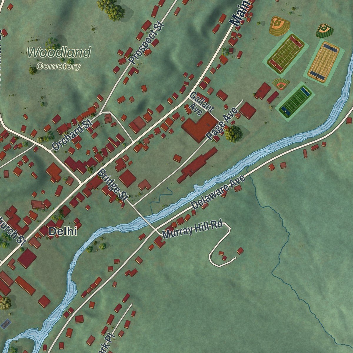Second close-up of the map of the Village of Delhi, New York print showing more streets and buildings
