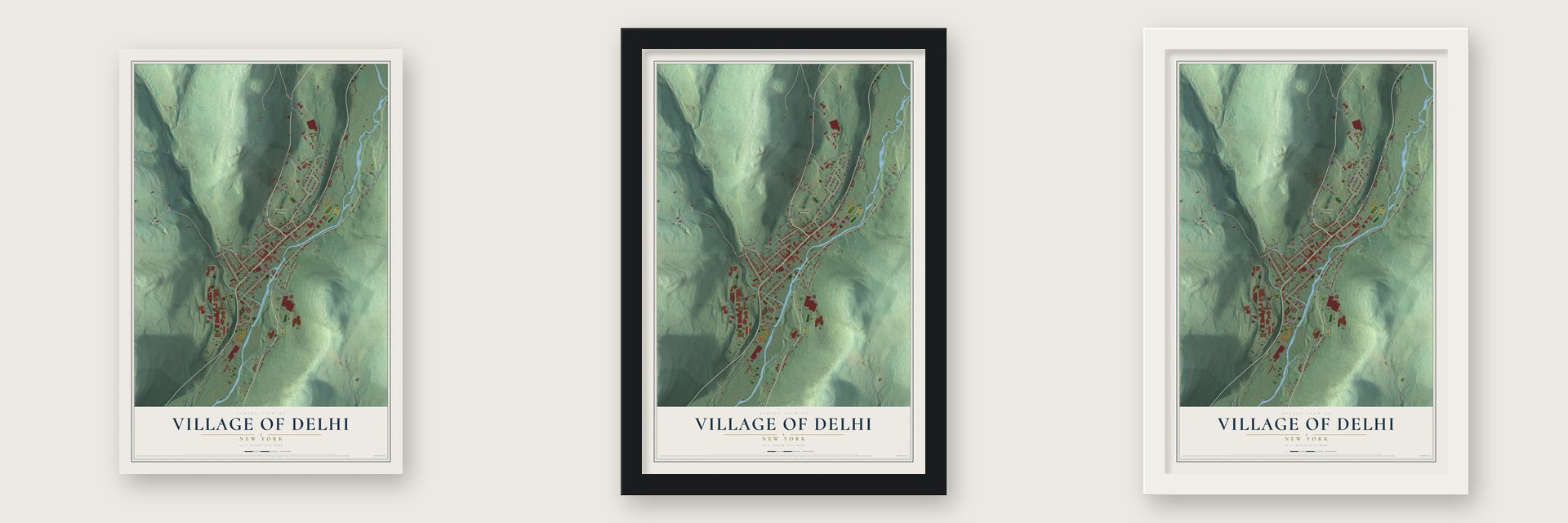 Village of Delhi, New York map unframed, in a black wood frame and in a white wood frame