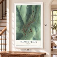 Village of Delhi, New York map, 24 x 36 inch print in a white frame by a staircase