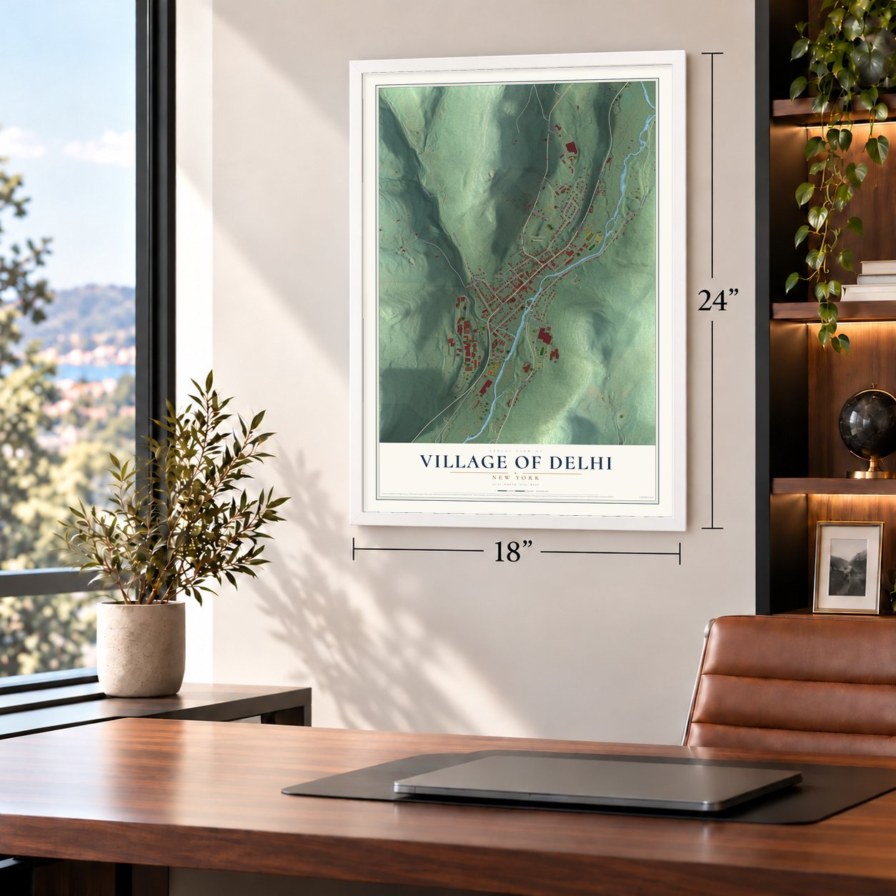 Village of Delhi, New York map, 18 x 24 inch print in a white frame in a home office