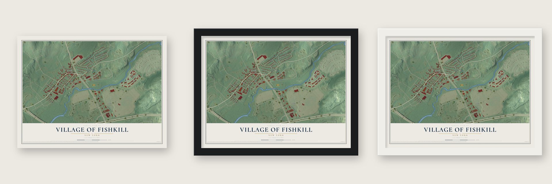 Village of Fishkill, New York map unframed, in a black wood frame and in a white wood frame