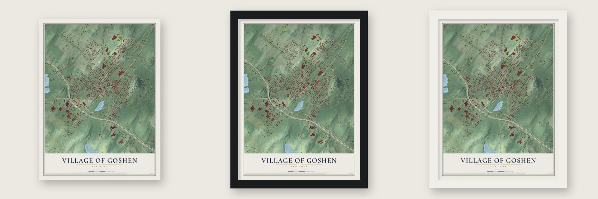 Village of Goshen, New York map unframed, in a black wood frame and in a white wood frame