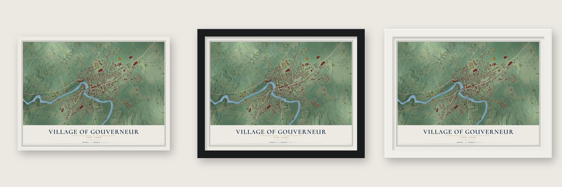 Village of Gouverneur, New York map unframed, in a black wood frame and in a white wood frame