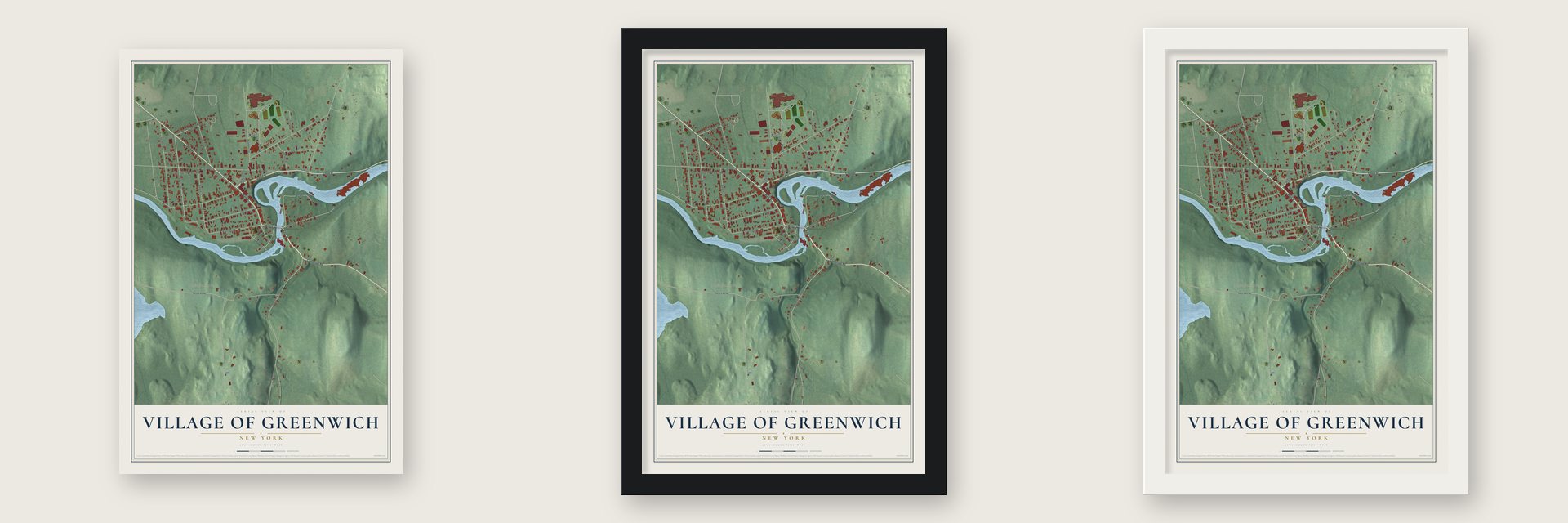 Village of Greenwich, New York map unframed, in a black wood frame and in a white wood frame