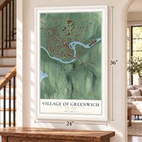 Village of Greenwich, New York map, 24 x 36 inch print in a white frame by a staircase