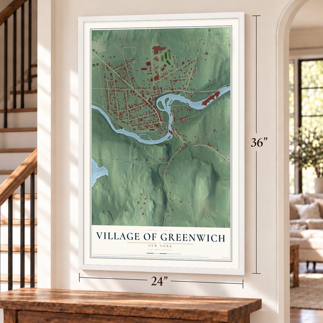Village of Greenwich, New York map, 24 x 36 inch print in a white frame by a staircase