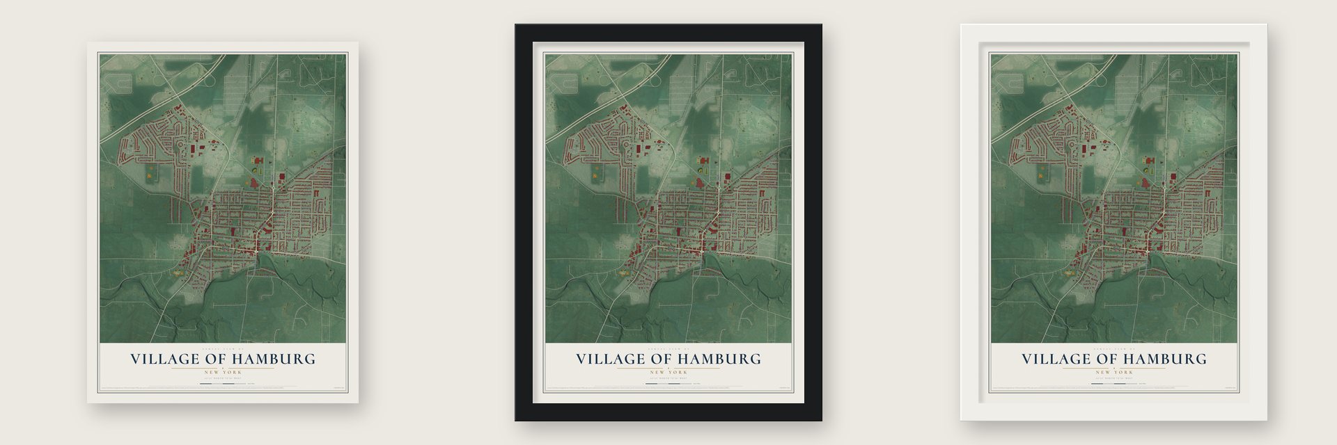 Village of Hamburg, New York map unframed, in a black wood frame and in a white wood frame