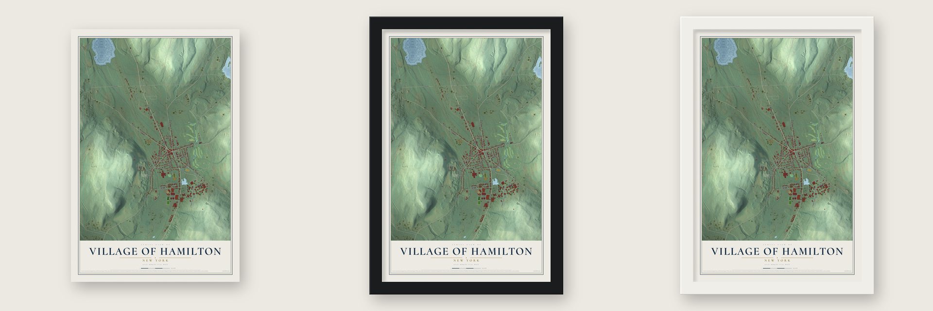 Village of Hamilton, New York map unframed, in a black wood frame and in a white wood frame