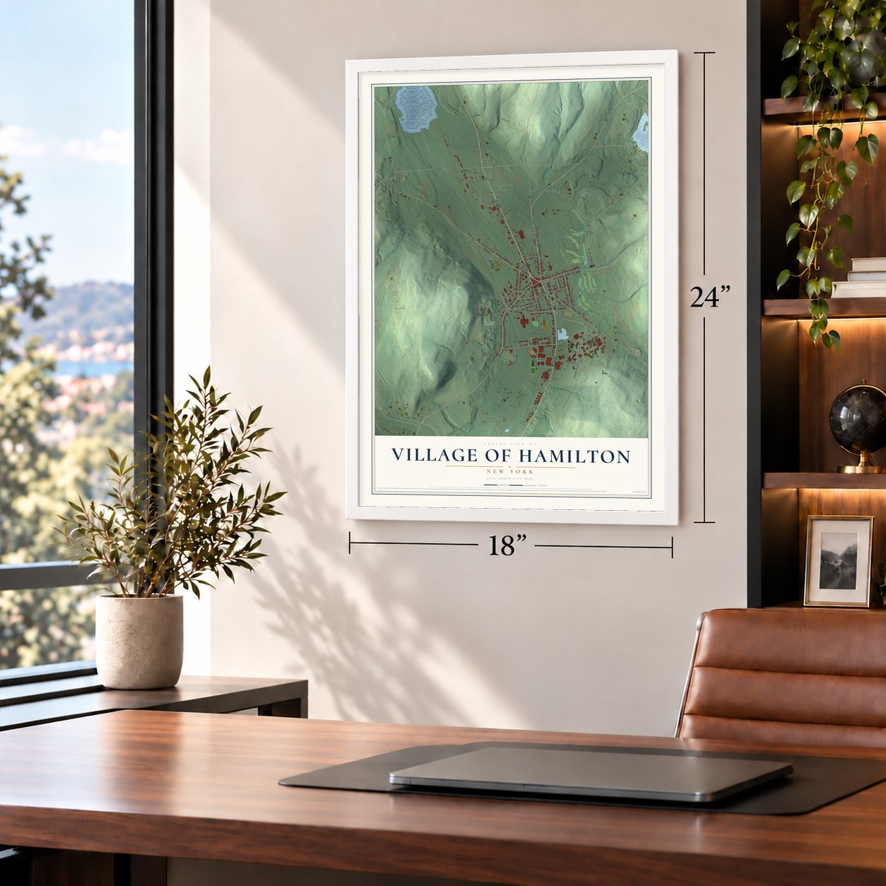 Village of Hamilton, New York map, 18 x 24 inch print in a white frame in a home office