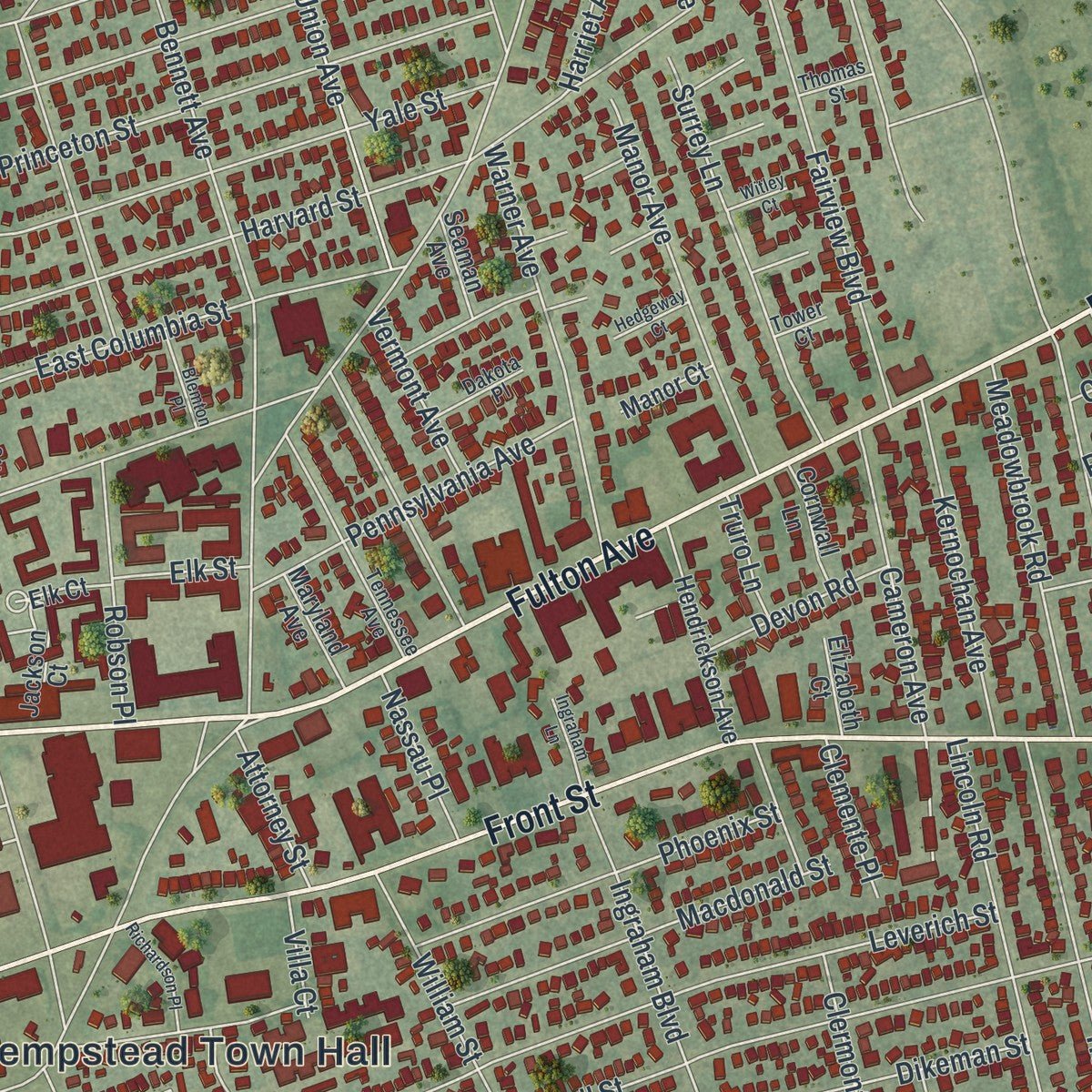 Second close-up of the map of the Village of Hempstead, New York print showing more streets and buildings