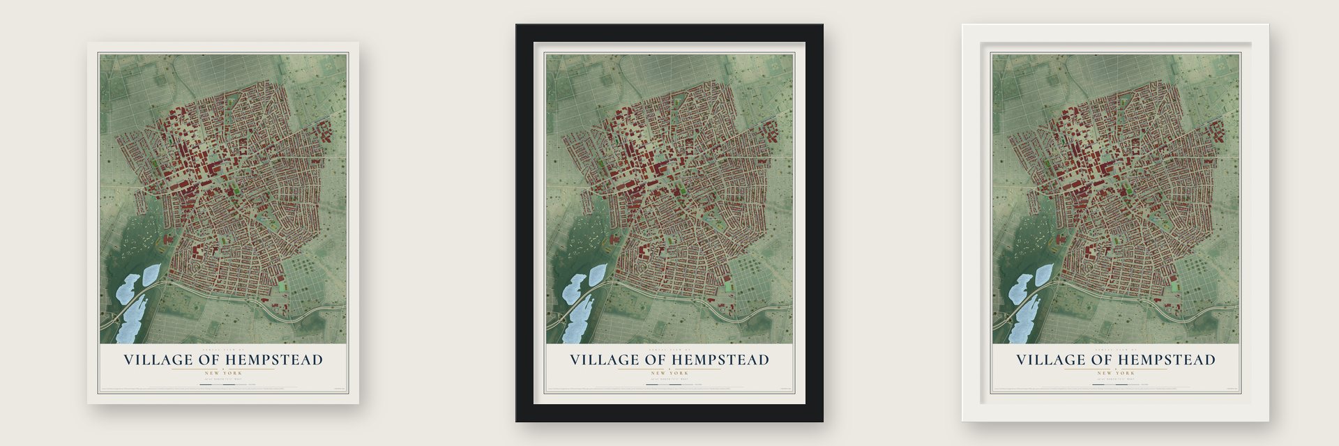 Village of Hempstead, New York map unframed, in a black wood frame and in a white wood frame