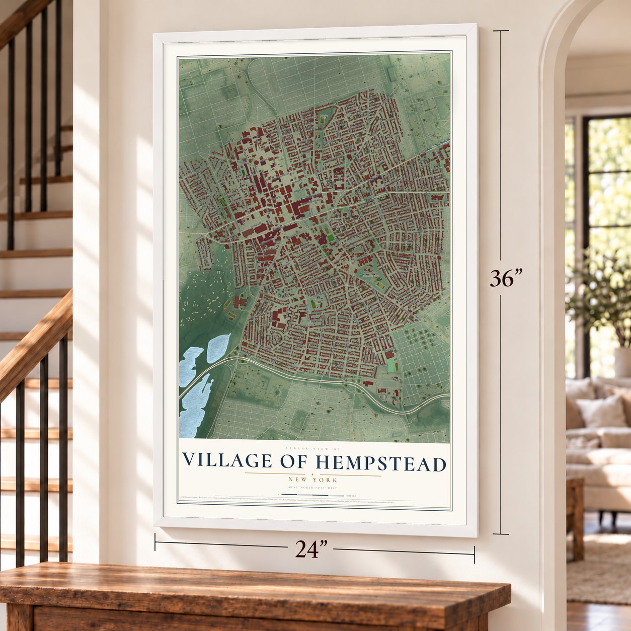 Village of Hempstead, New York map, 24 x 36 inch print in a white frame by a staircase