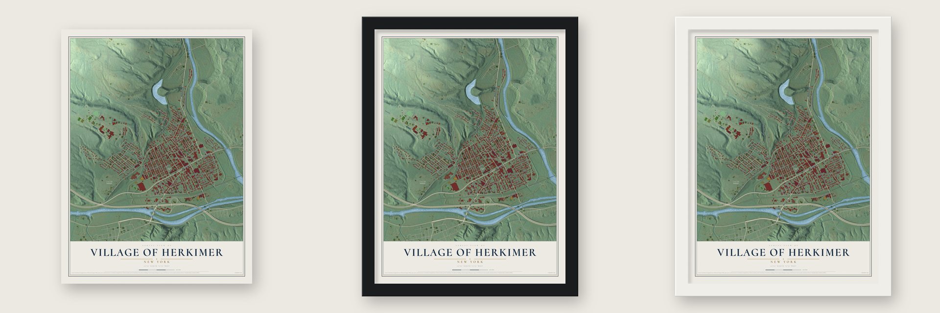 Village of Herkimer, New York map unframed, in a black wood frame and in a white wood frame