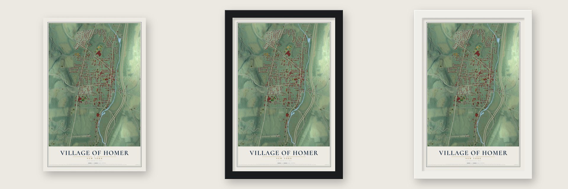 Village of Homer, New York map unframed, in a black wood frame and in a white wood frame