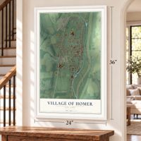 Village of Homer, New York map, 24 x 36 inch print in a white frame by a staircase