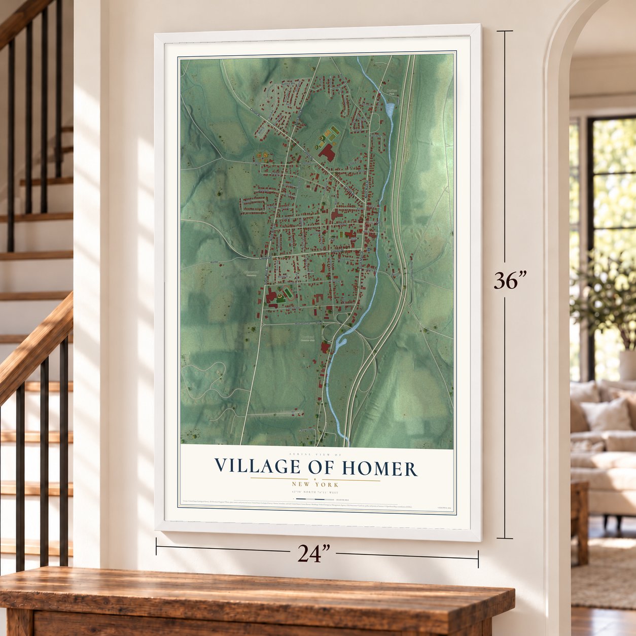 Village of Homer, New York map, 24 x 36 inch print in a white frame by a staircase