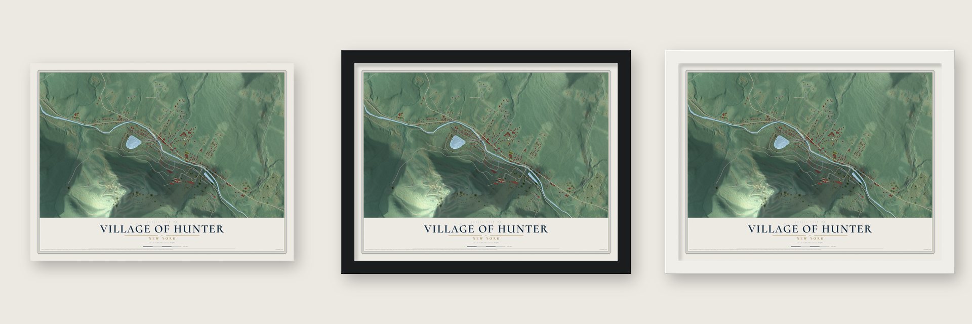 Village of Hunter, New York map unframed, in a black wood frame and in a white wood frame