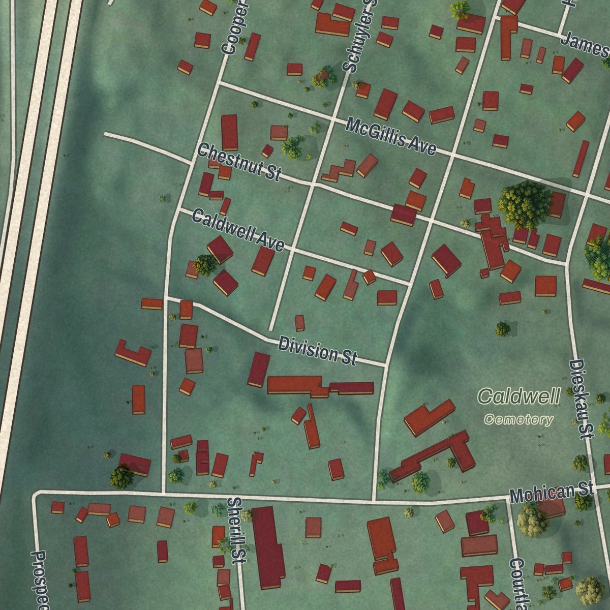 Second close-up of the map of the Village of Lake George, New York print showing more streets and buildings