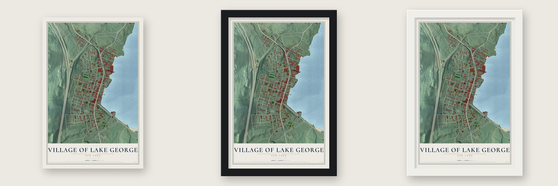 Village of Lake George, New York map unframed, in a black wood frame and in a white wood frame