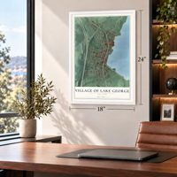 Village of Lake George, New York map, 18 x 24 inch print in a white frame in a home office