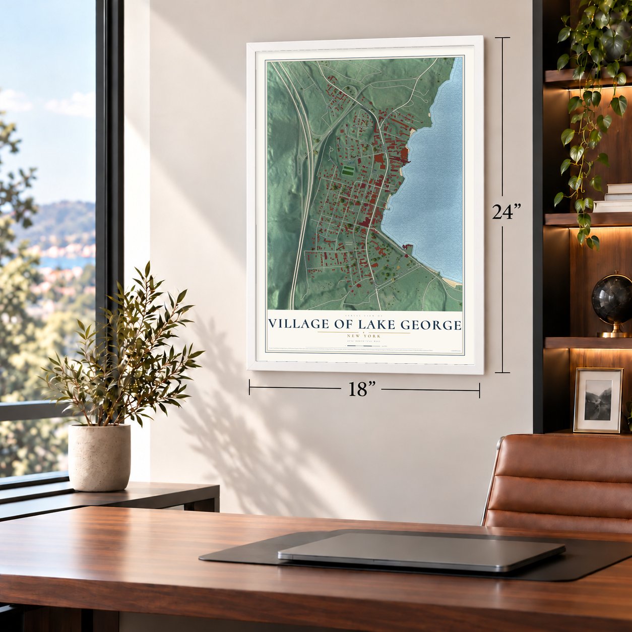 Village of Lake George, New York map, 18 x 24 inch print in a white frame in a home office