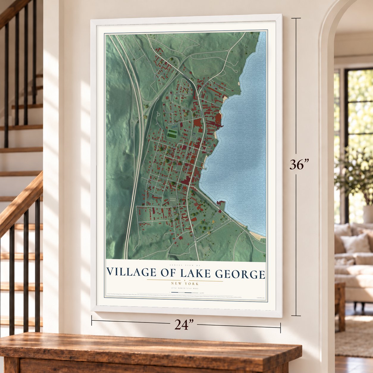 Village of Lake George, New York map, 24 x 36 inch print in a white frame by a staircase