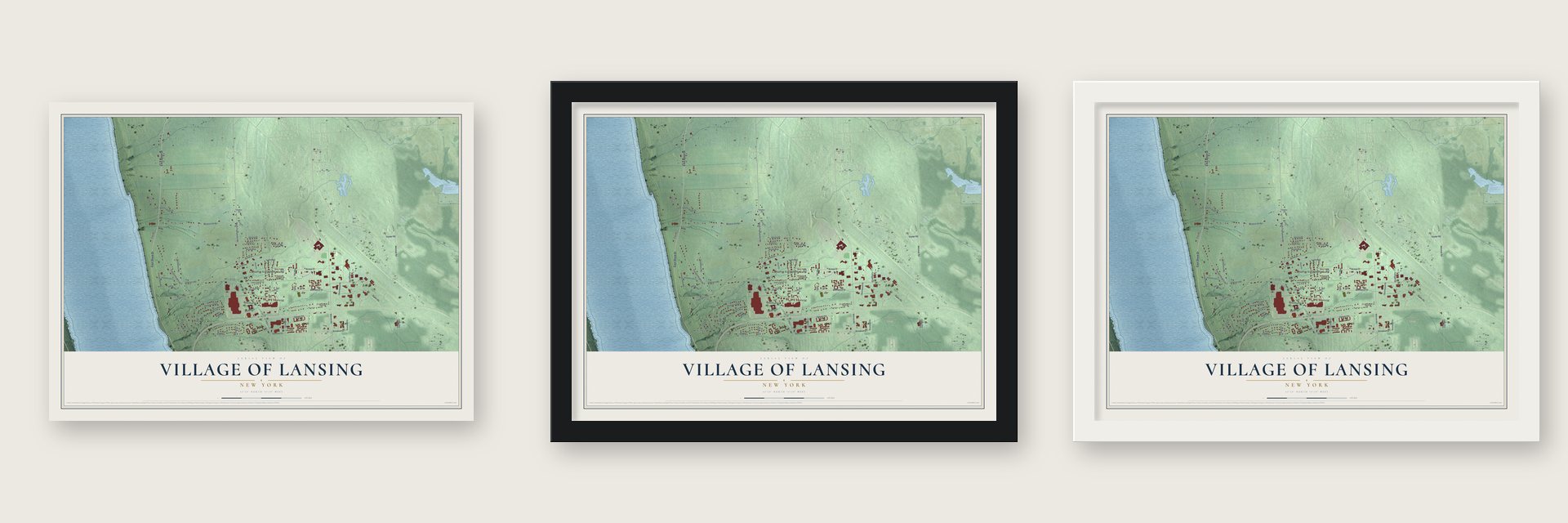 Village of Lansing, New York map unframed, in a black wood frame and in a white wood frame