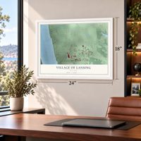 Village of Lansing, New York map, 18 x 24 inch print in a white frame in a home office