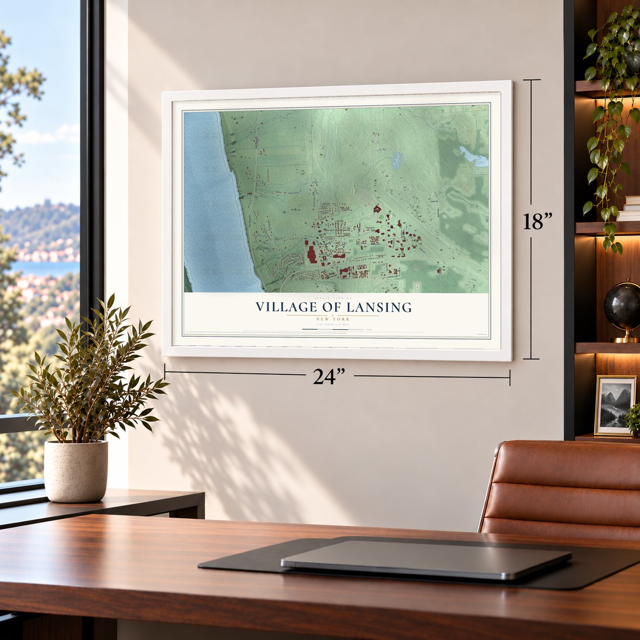 Village of Lansing, New York map, 18 x 24 inch print in a white frame in a home office