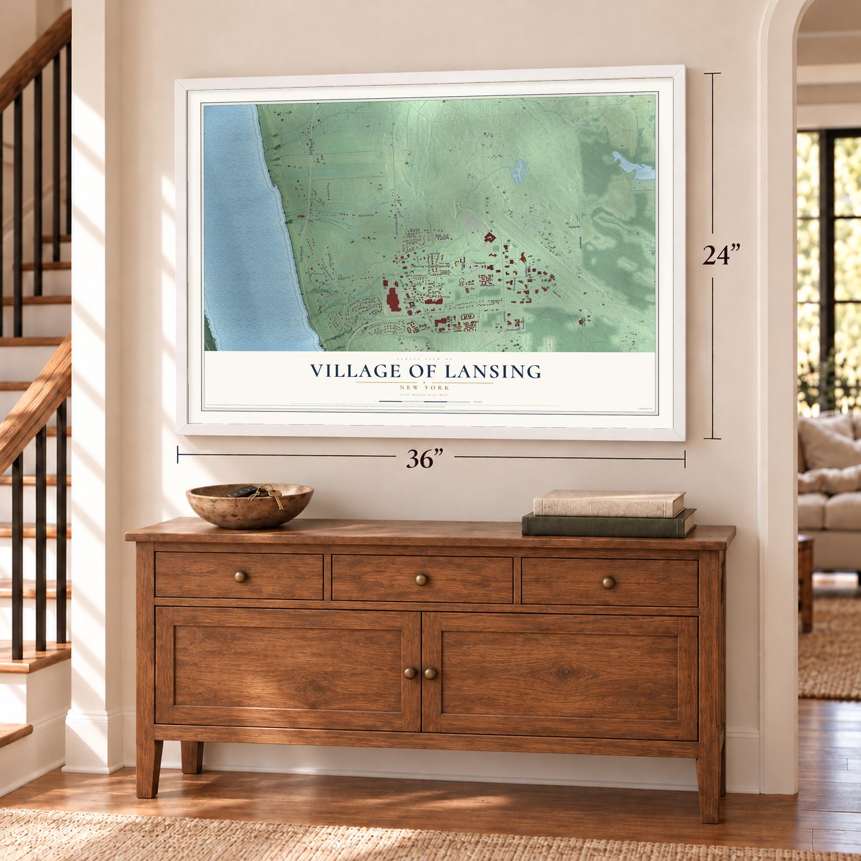 Village of Lansing, New York map, 24 x 36 inch print in a white frame above a dresser by a staircase