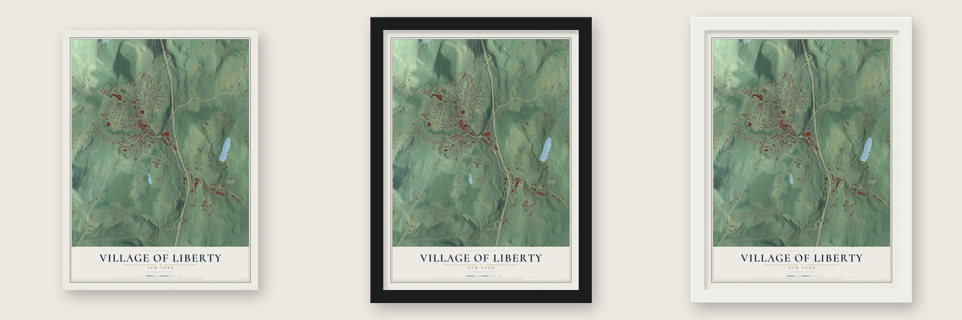 Village of Liberty, New York map unframed, in a black wood frame and in a white wood frame