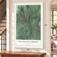 Village of Liberty, New York map, 24 x 36 inch print in a white frame by a staircase