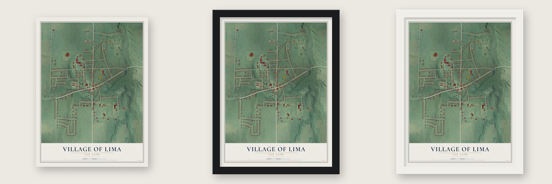 Village of Lima, New York map unframed, in a black wood frame and in a white wood frame