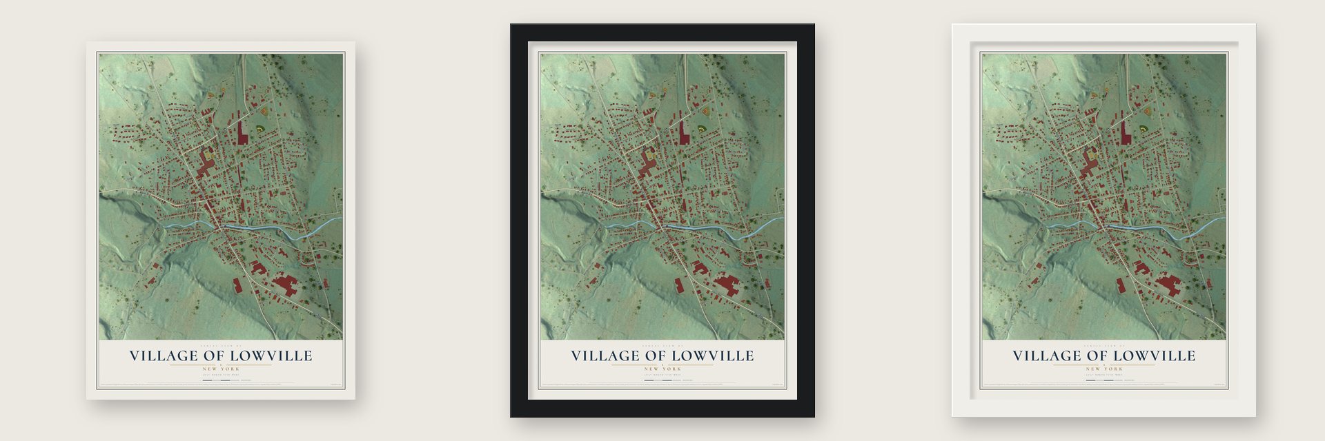 Village of Lowville, New York map unframed, in a black wood frame and in a white wood frame