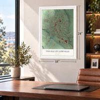 Village of Lowville, New York map, 18 x 24 inch print in a white frame in a home office