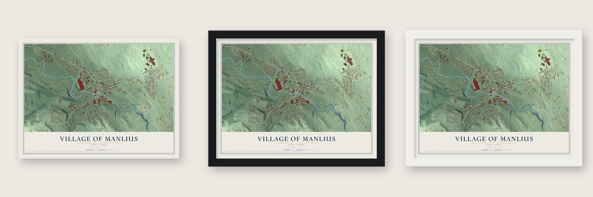 Village of Manlius, New York map unframed, in a black wood frame and in a white wood frame