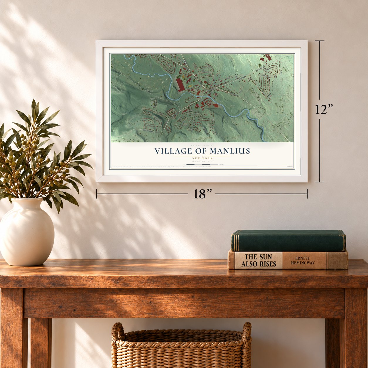 Village of Manlius, New York map, 12 x 18 inch print in a white frame in an entryway