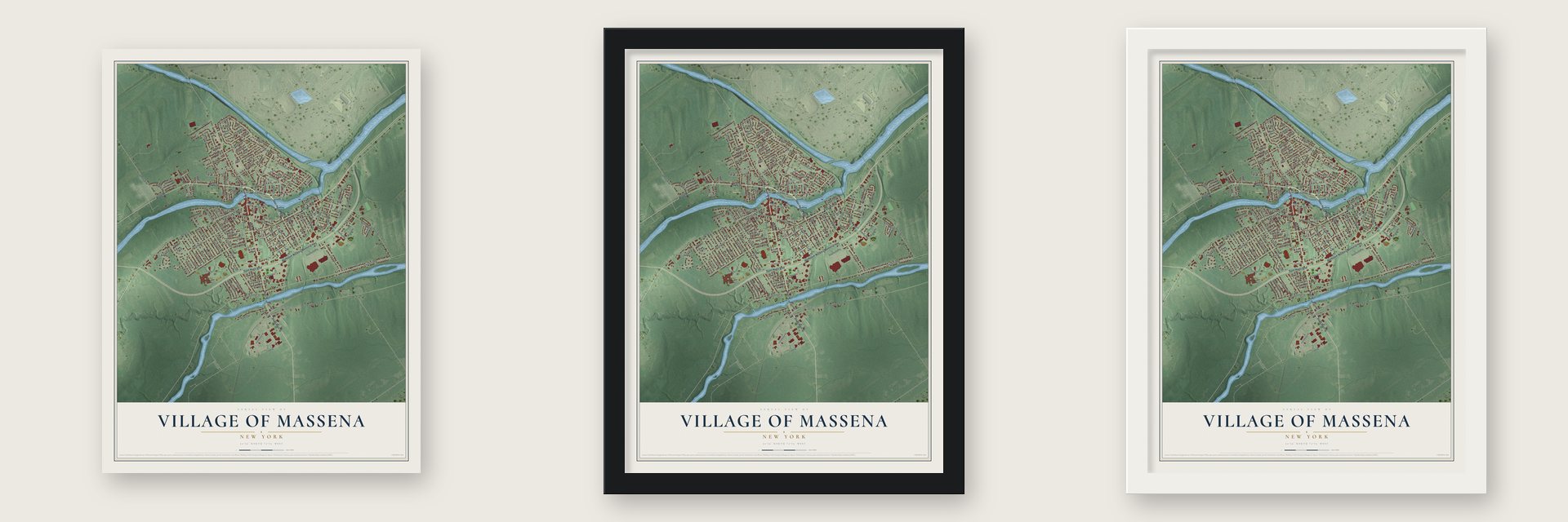 Village of Massena, New York map unframed, in a black wood frame and in a white wood frame