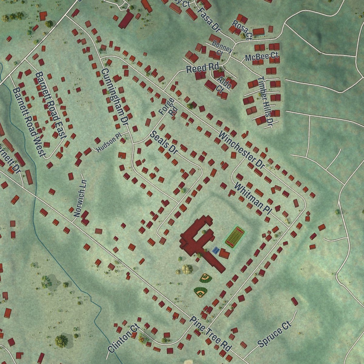 Second close-up of the map of the Village of Monroe, New York print showing more streets and buildings