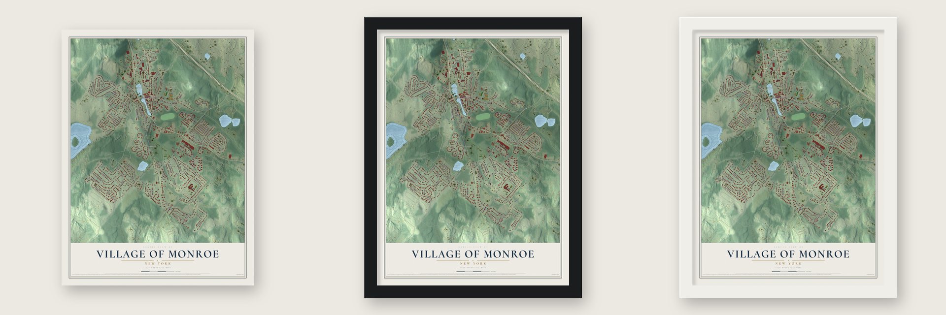 Village of Monroe, New York map unframed, in a black wood frame and in a white wood frame