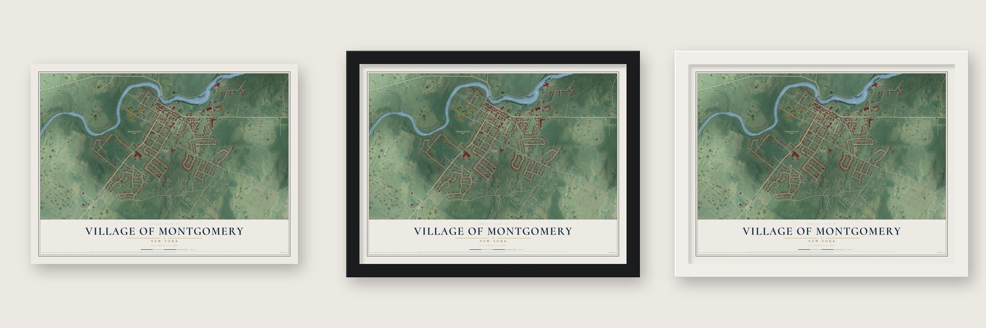 Village of Montgomery, New York map unframed, in a black wood frame and in a white wood frame
