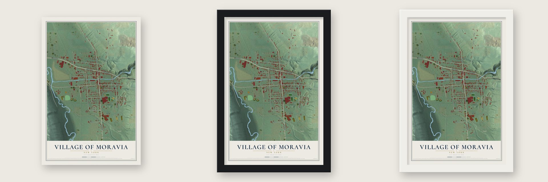Village of Moravia, New York map unframed, in a black wood frame and in a white wood frame