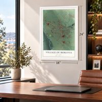 Village of Moravia, New York map, 18 x 24 inch print in a white frame in a home office