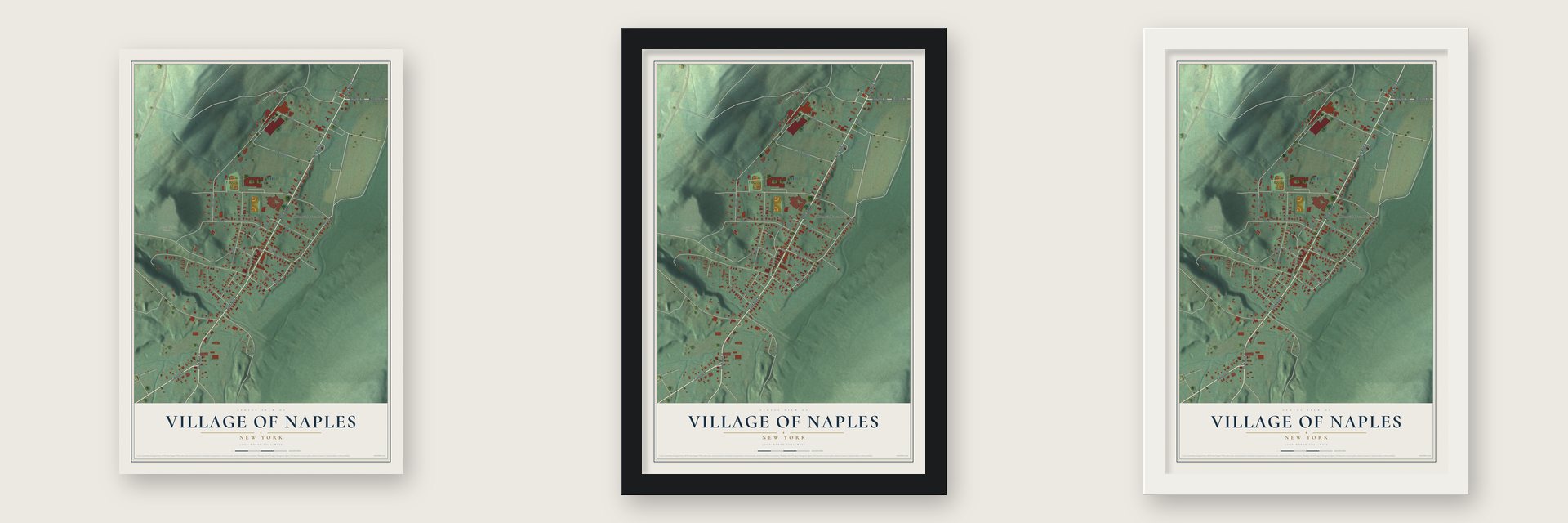 Village of Naples, New York map unframed, in a black wood frame and in a white wood frame